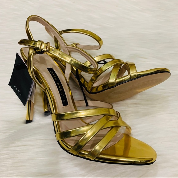 NWT • Zara • Laminated Gold Strappy Sandals - Picture 7 of 8